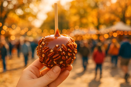Close-up of a person hand holding a caramel apple glossy and studded with pecans.の素材