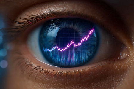 Close-up of an accountant eye showing concentration the reflection of computer screen data.の素材