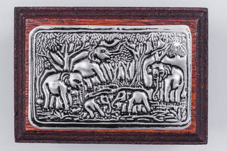 close up wood box carved on white backgroundの写真素材