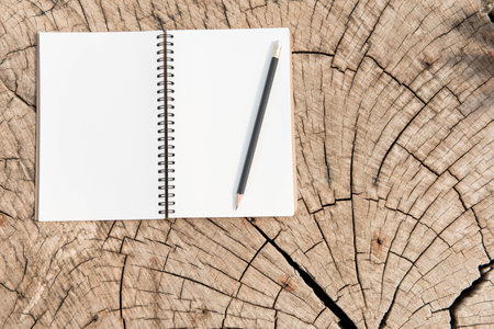 Blank notebook, black pencil with wood texture background, Working desktop concept ideaの写真素材