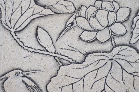 The painting on the wall of birds and lotus flowerのeditorial素材