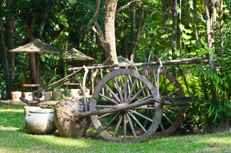  Old wooden cart  on lawnの写真素材
