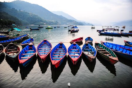 View of local boat in the lake in Pokharaの写真素材