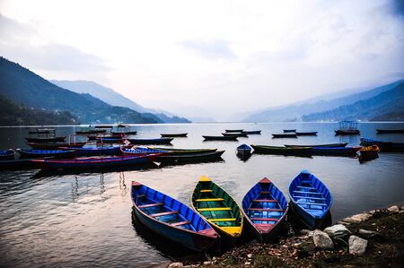 Colorful local wooden boat in the beautiful lakeの写真素材