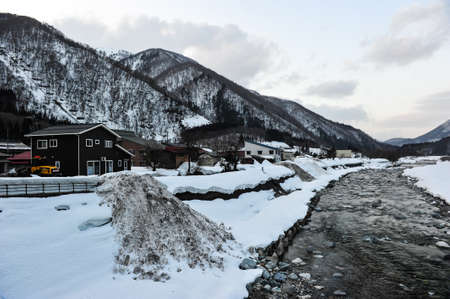 Winter panoramic view of old village in natureの写真素材