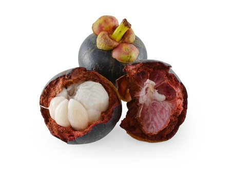 Mangosteen isolated on white backgroundの写真素材