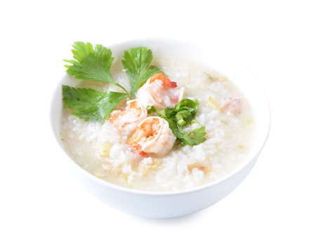 thai food, prawns with boiled rice on white.の写真素材
