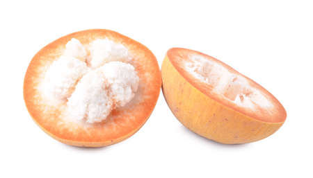 A Santol fruit cut into half isolated on white backgroundの写真素材
