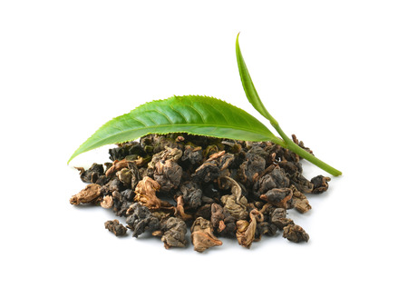 Green tea leaf isolated on white background.