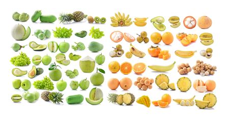 Yellow fruits and Fresh green fruit on white backgroundの写真素材