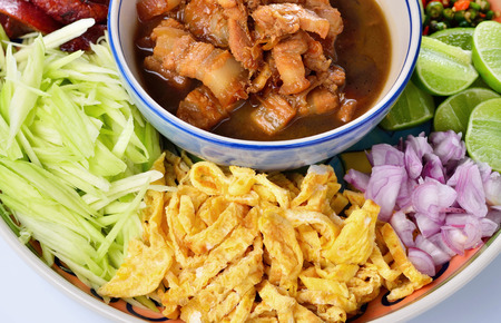 (Food Thailand), mixed with herbal paste (small shrimp) and rice red pork, shrimp, vegetables, eggs, herbs and seasoning and serve.の写真素材