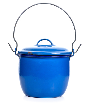 Metal blue enamelled saucepan, isolated on white backgroundの写真素材