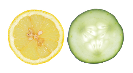 sliced cucumber and lemons isolated on white background.の写真素材
