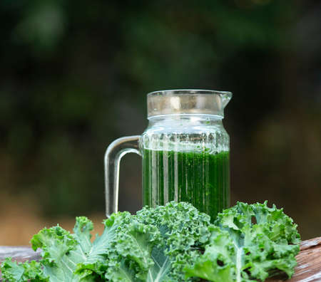 A healthy vegan drink green kale smoothieの写真素材