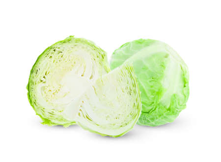 whole green cabbage isolated on whiteの写真素材
