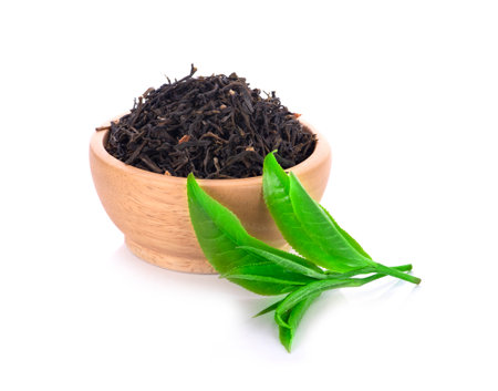dried tea leaves isolated on white backgroundの写真素材