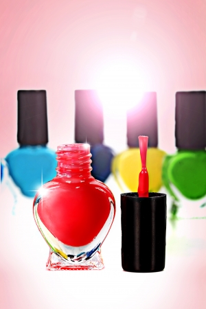 Bottles with spilled nail polishの写真素材