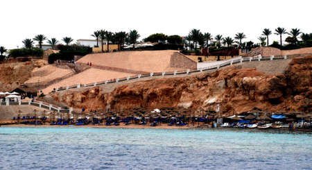 View on the coast with sunbathing placesの写真素材