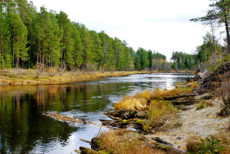 Autumn landscape and river on a sky backgroundの写真素材