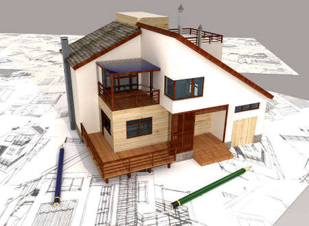 Three-dimensional model of individual house and pencil sketchesの写真素材