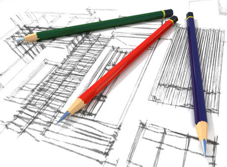Three-dimensional model of pencils lying on sketchの写真素材