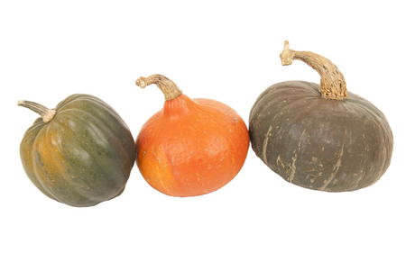 Three colorful fall squash isolated white backgroundの写真素材