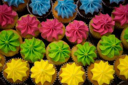 Yummy simple frosted brightly colored cupcake treatsの写真素材