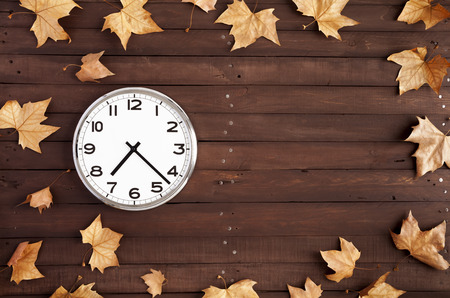Wall clock hanging on the left in a brown plank with dry leaves all aroundの写真素材