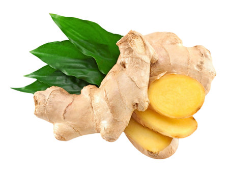 Ginger root with leaves isolated on white background. Clipping pathの写真素材