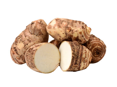 Fresh taro root isolated on white background. Clipping path includedの写真素材