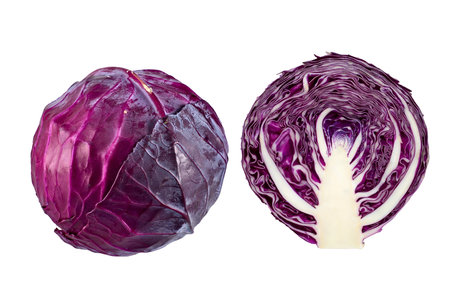 Purple cabbage isolated on white background. Clipping path included.の写真素材