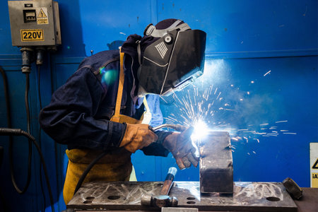 Welder wearing protective clothing and welding mask in a construction site.