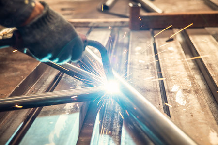 Worker welding metal in the factory. Industrial and construction concept.