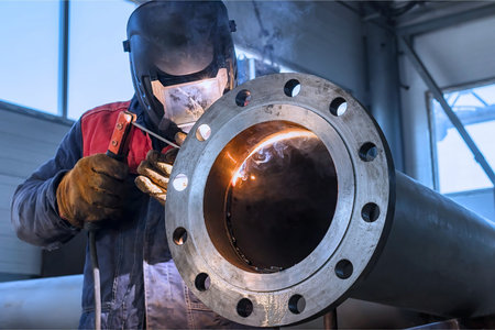Welder in protective mask and welding mask welds metal pipes.の写真素材