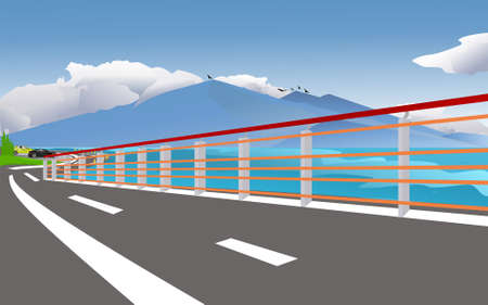 vector illustration of flat blue mountain scenery and blue seaのイラスト素材