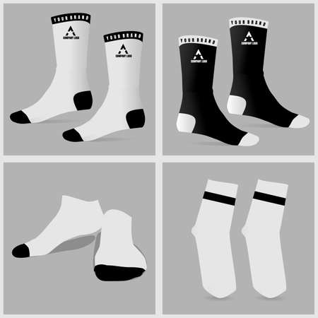 Black white socks vector blank isolated feet wear mockup for brand identity or product design template.のイラスト素材
