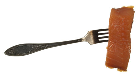 A piece of red fish on old metal fork isolated on a white background.の写真素材