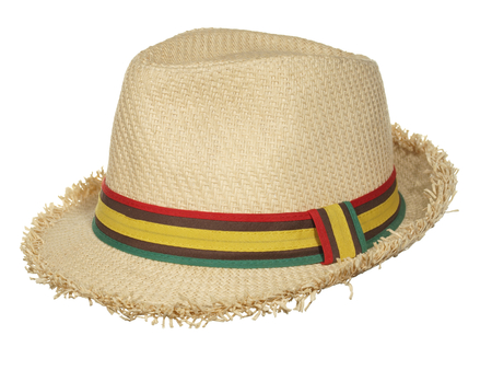 Straw hat with multi-colored ribbon isolated on white background.        の写真素材