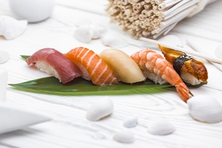 Nigiri sushi made with tasty fish and salmonの写真素材