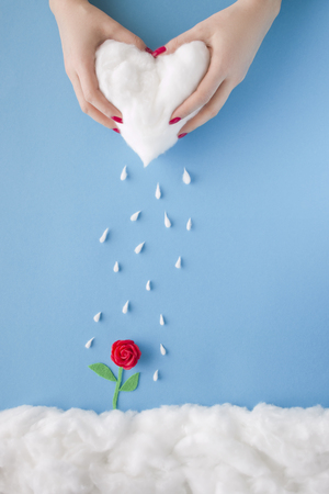 Two hands squeezing rain from a heart cloud over a handmade flower, in a heavenly scenery with clouds made of cotton-wool, on a blue sky paper background.の写真素材