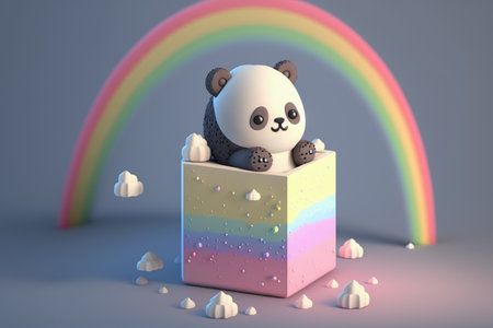 cute panda sitting in the box with rainbow - 3d rendering