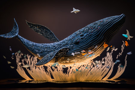 3d rendering of a blue whale on a dark background with paper sheets.