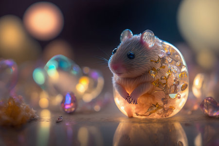 Christmas and New Year decoration with cute little hamster in glass ballの写真素材