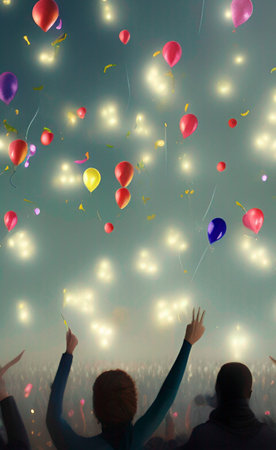 People throw colorful balloons in the air at a party. Selective focus.の素材