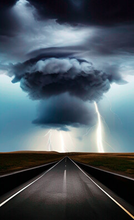 Storm in the sky with lightning on the road. 3D renderingの素材