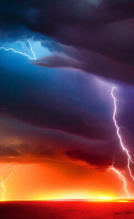 Lightning in the sky at sunset, thunderstorm. Abstract backgroundの素材