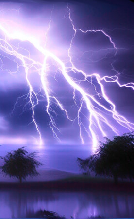lightning in the night at the lake, beautiful photo digital pictureの素材