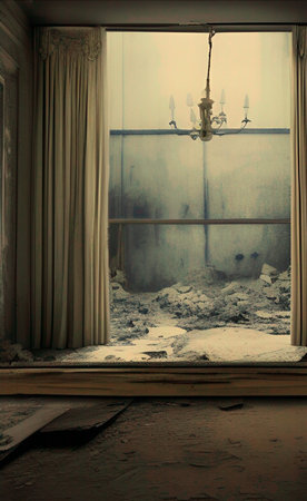 Interior of an old abandoned house with window and curtains, tonedの素材