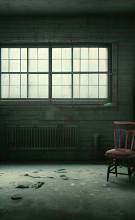 Abandoned room with wooden chair and window. 3d renderの素材
