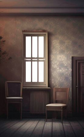 Vintage interior with window and chair. 3d render illustration.の素材